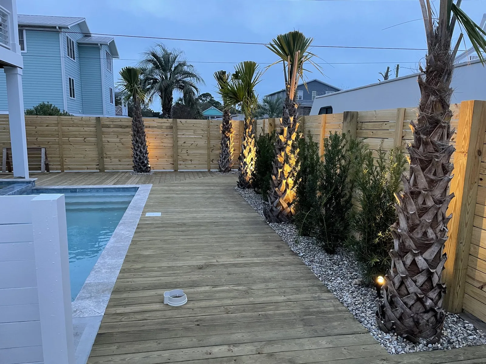 A pool deck with uplit palms and a wood privacy fence