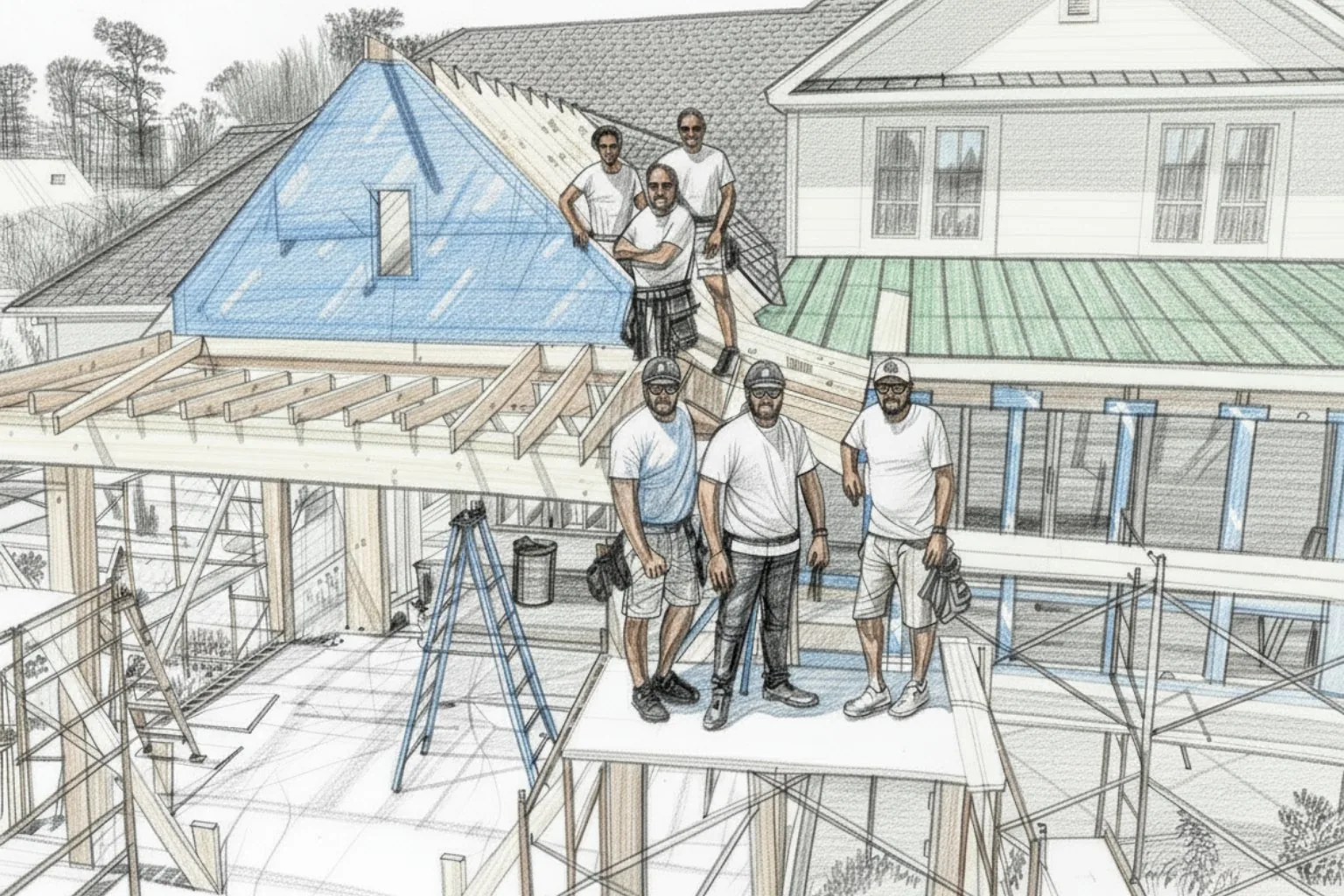 An Avocet rendering of a coastal home under construction, drawn over a photograph of the framing crew on site