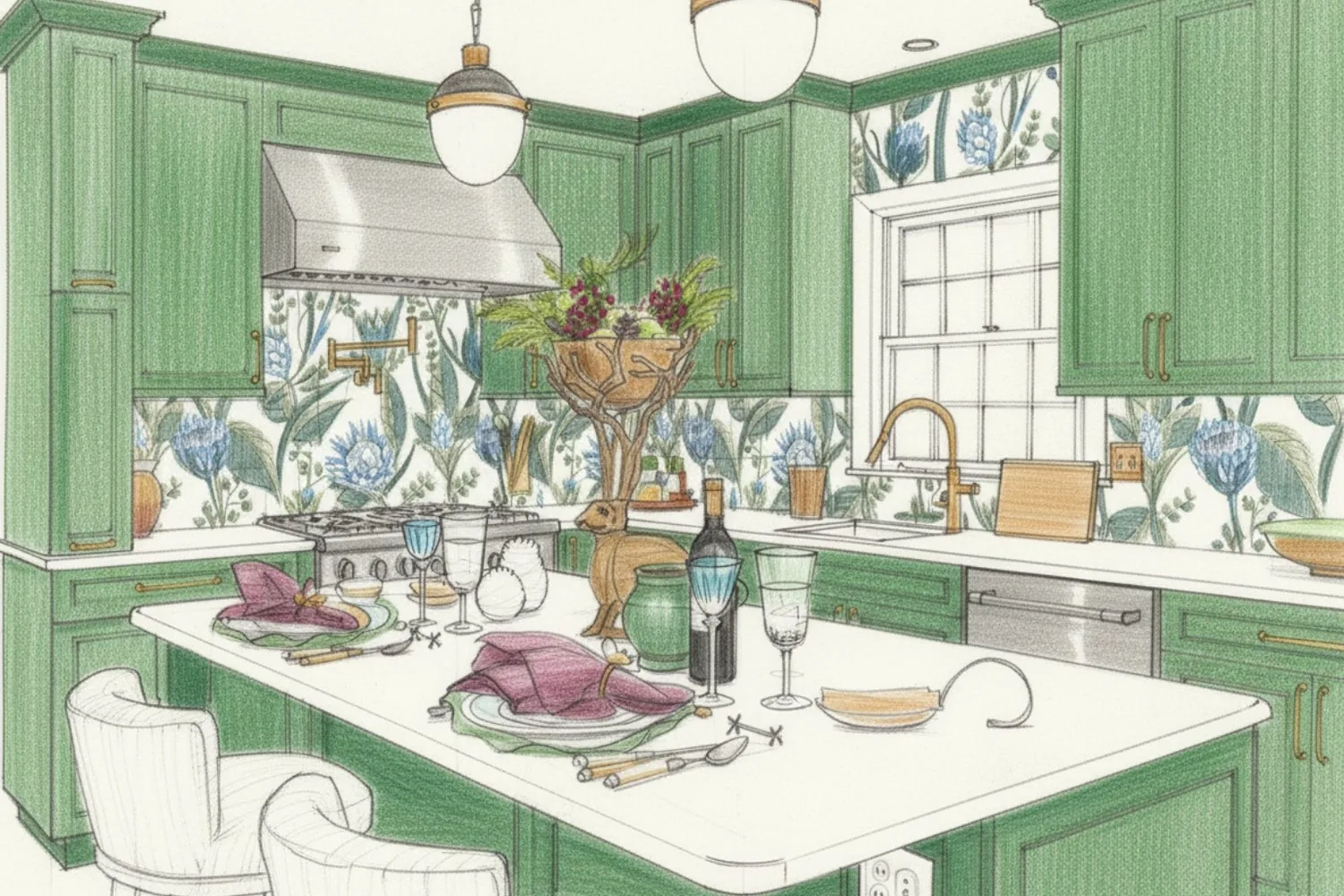 A hand-drawn Avocet rendering of a green kitchen with a patterned tile backsplash