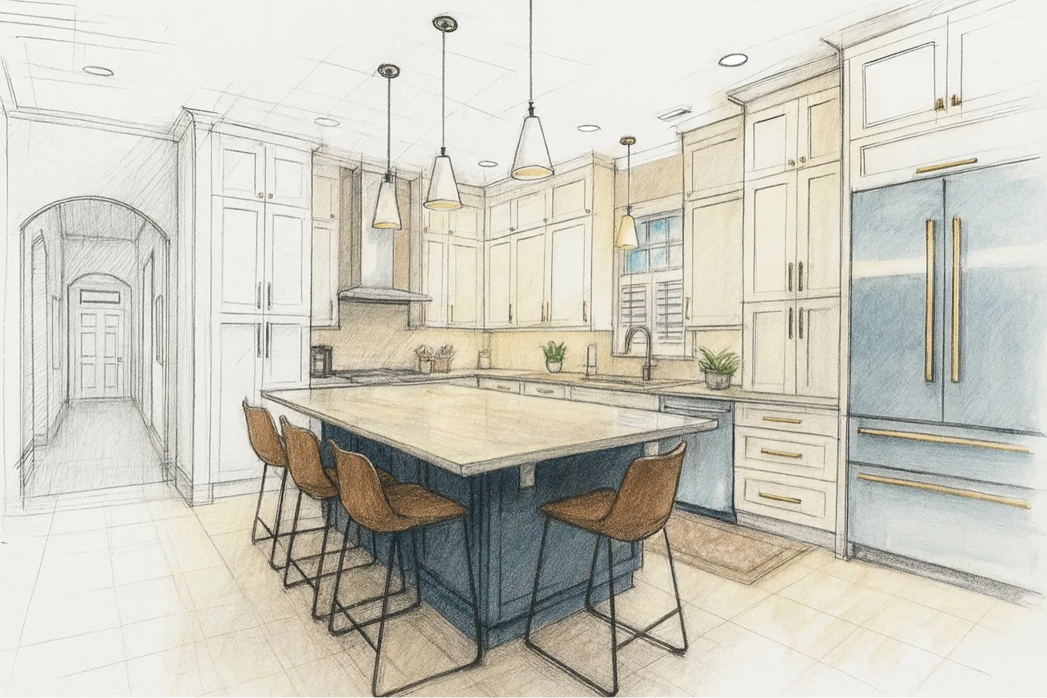 A hand-drawn Avocet design rendering of a kitchen with a central island and pendant lighting